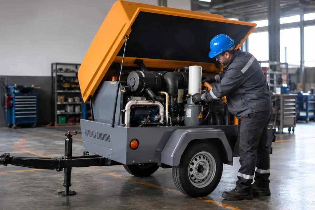 Técnico Focus realizando manutenção preventiva em compressor industrial em oficina especializada