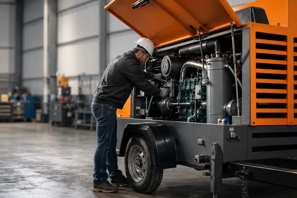 Equipe técnica Focus Compressores inspecionando compressor industrial em armazém