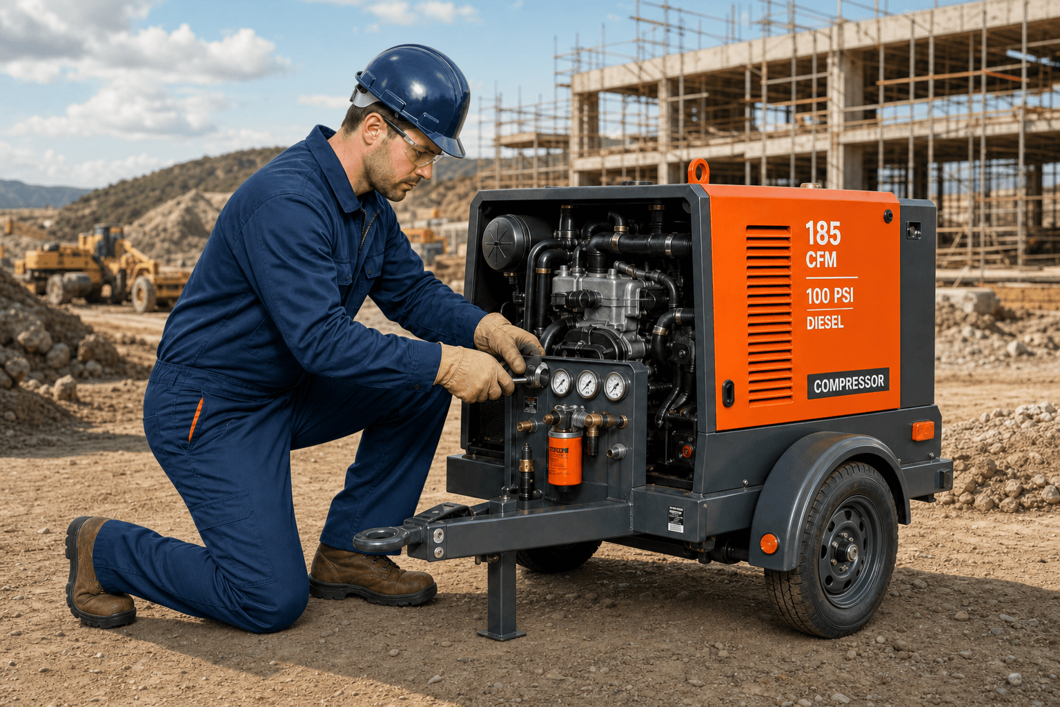 Técnico Focus em manutenção de compressor portátil diesel em obra