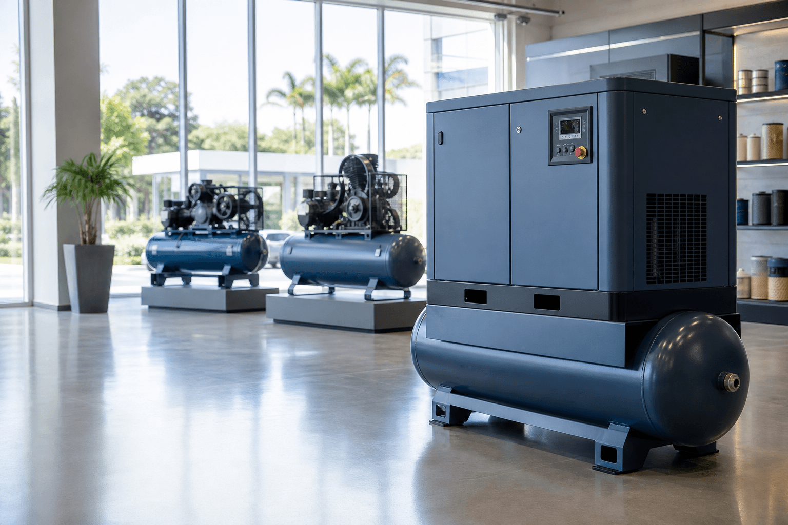 Showroom com compressores industriais da linha comercial Puma
